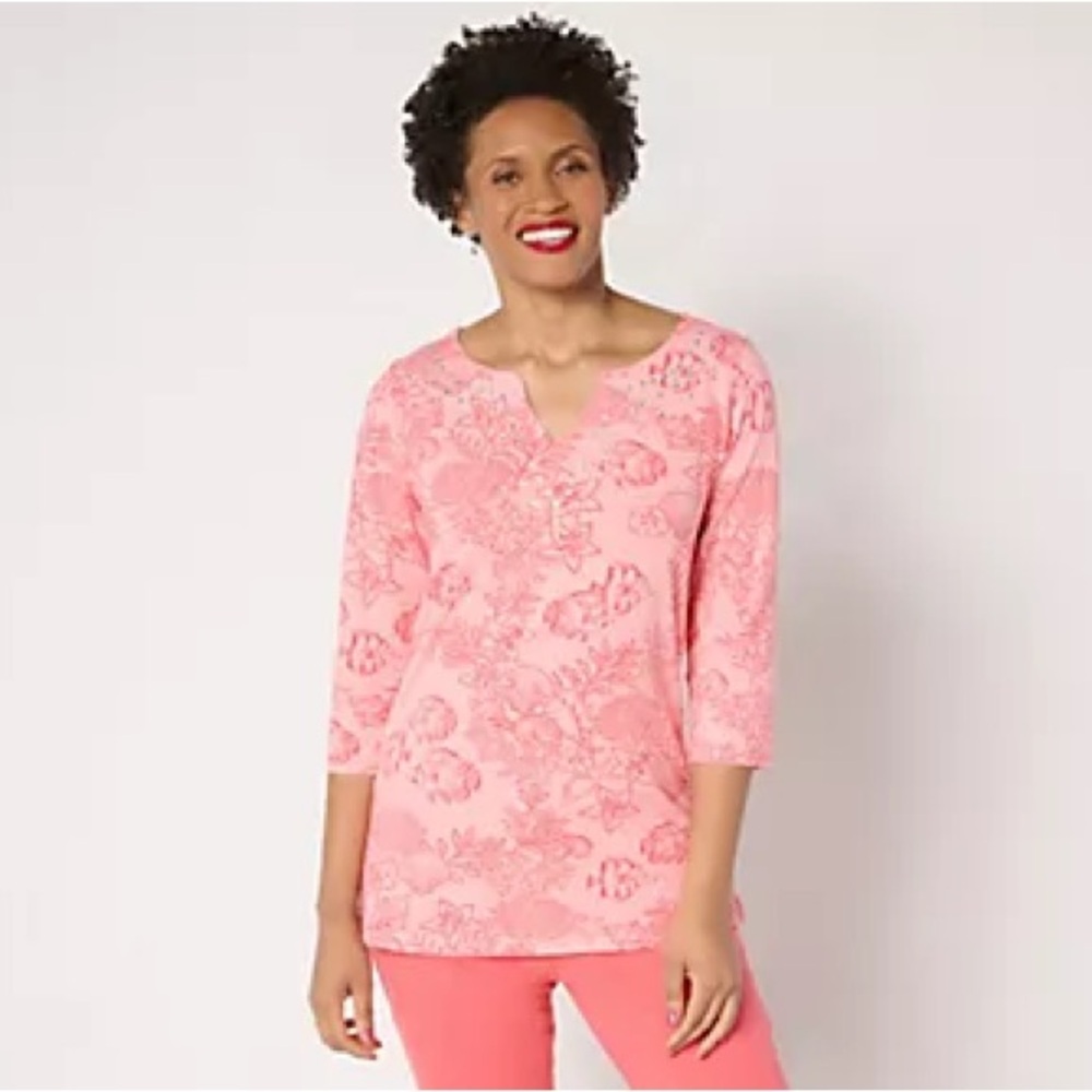 Quacker Factory Let's Get Tropical Embellished 3/4-Sleeve‎ Top